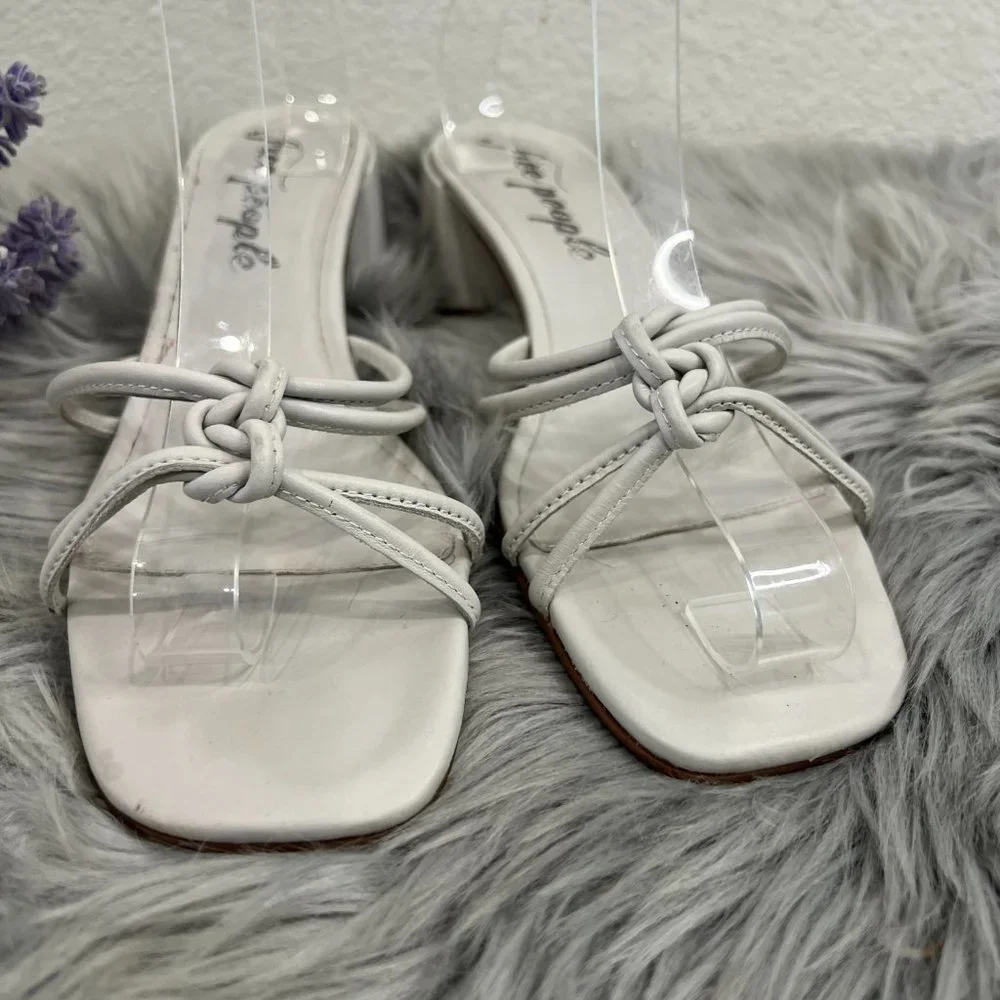Free People‎ Petra Leather Knot Block Heel Slide Gray-White Sandals Size 9-9.5